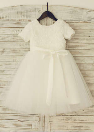 Short Sleeves Ivory Rosette Tulle Flower Girl Dress